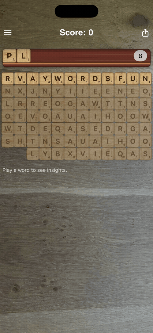 Lexitaire on iPhone: an animated demo of tiles being tapped to spell PLAY, WORDS, and FUN, with the score updating after each word.