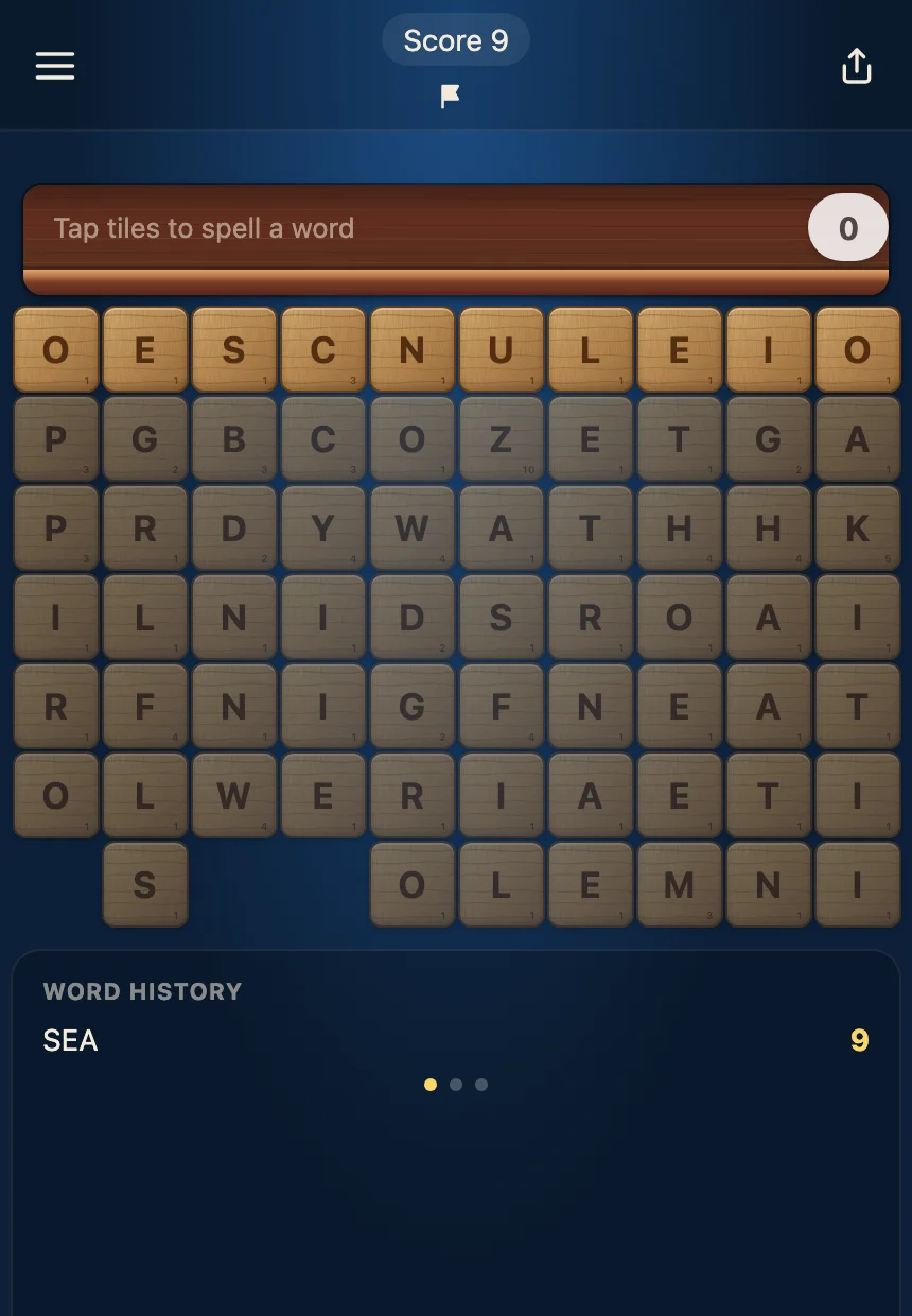 Lexitaire's browser version: a board of letter tiles with the current score and a word history panel showing a word just played.