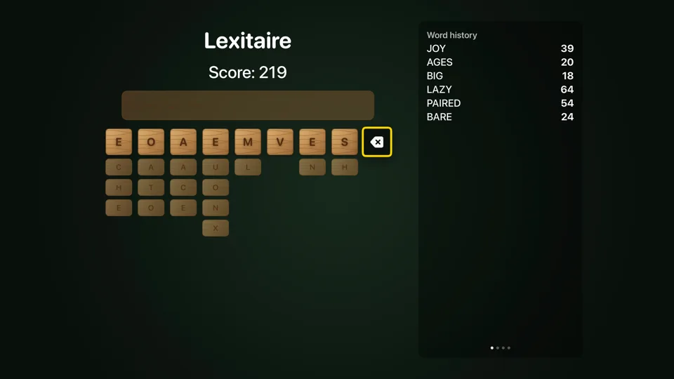 Lexitaire on Apple TV: a wide board of letter tiles with recently played words listed alongside.